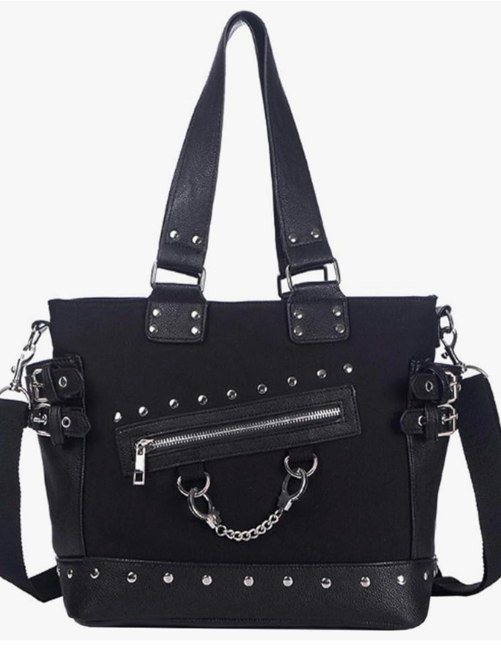 Black Studded Canvas Tote with Chain Accent - Picture 4 of 6